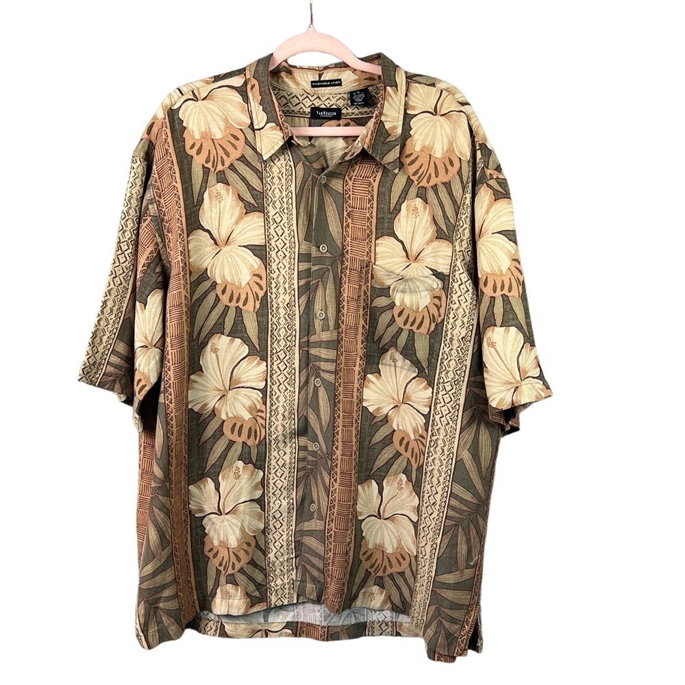 Van Heusen Men's Hawaiian Floral Print Shirt Button Down Linen Blend Sz XL